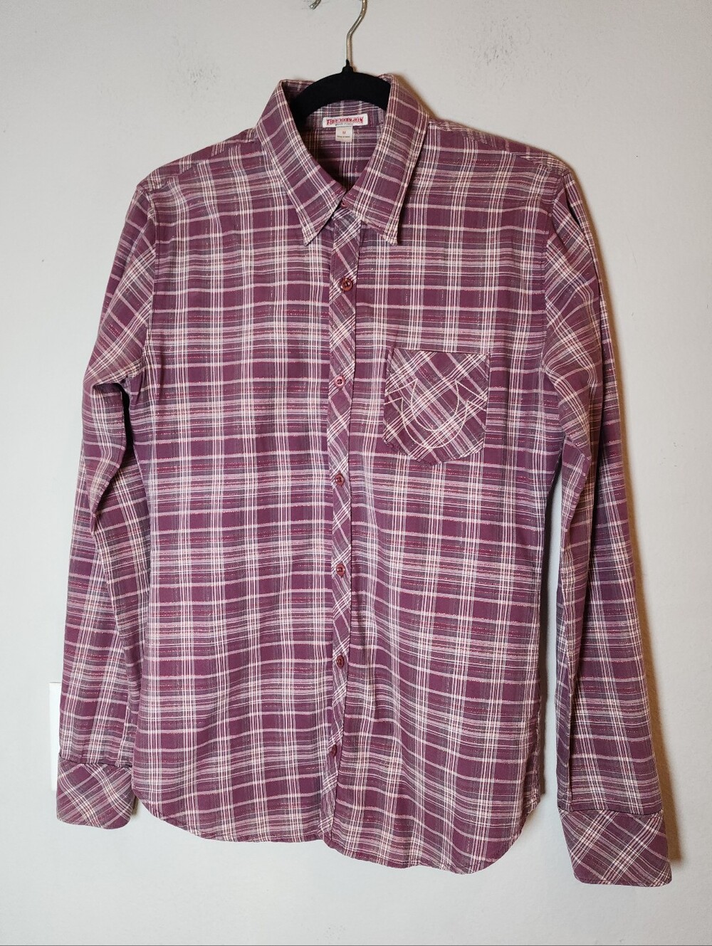 True Religion Purple Plaid Long Sleeve Button Up Shirt Maroon‎ Metallic Thread M